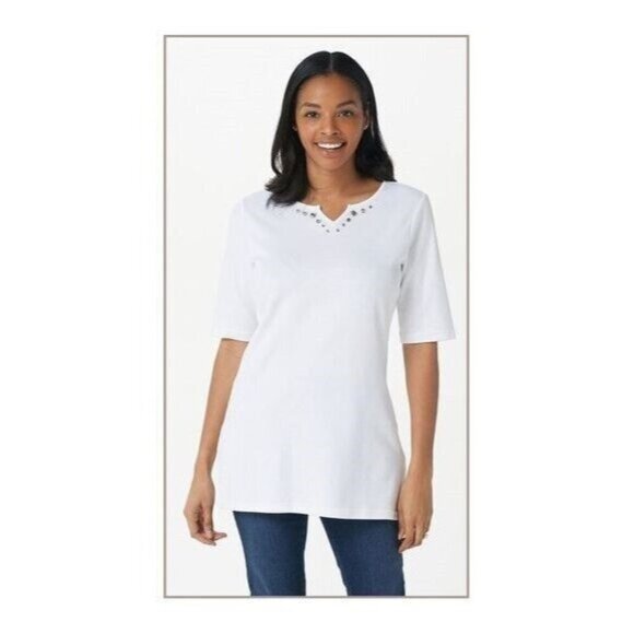 Quacker Factory Sparkle Split Neck Tunic Top White Large A392178 - Picture 1 of 1